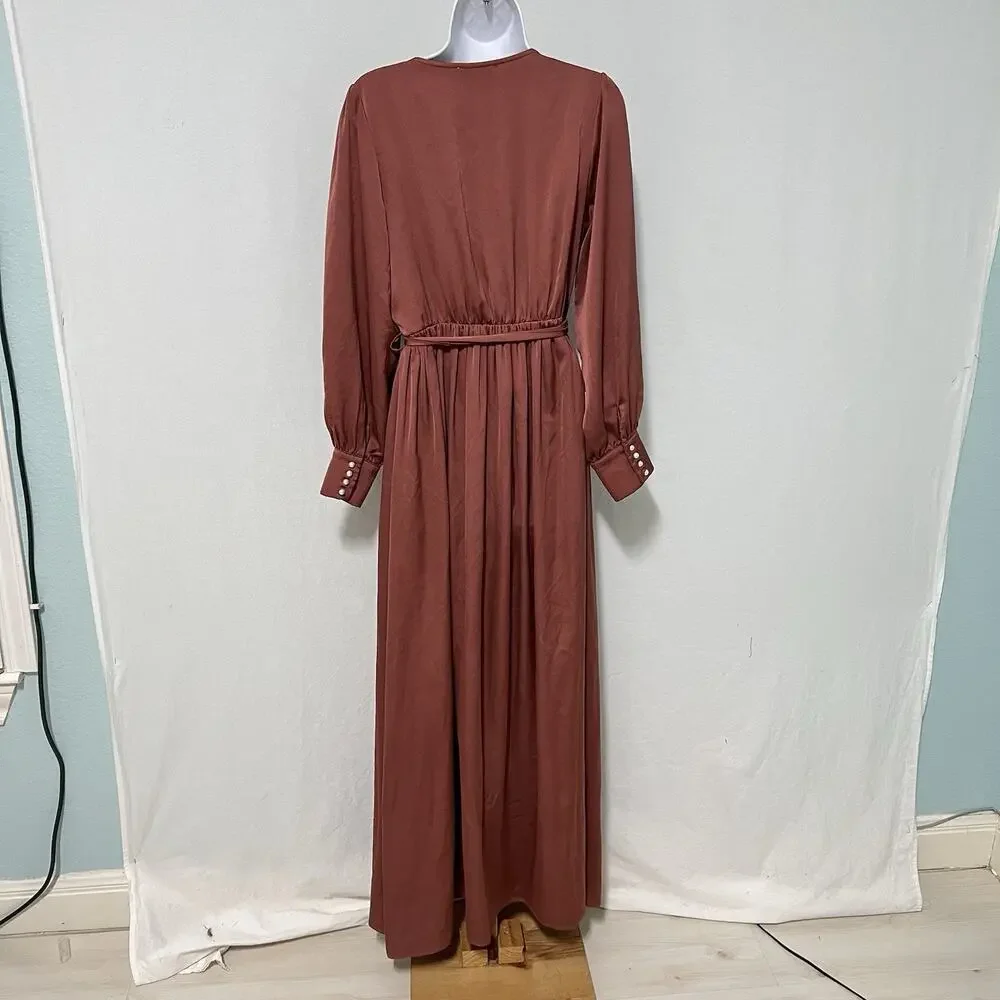 Baltic Born Maxi Dress Size Large Rust Tie Waist Long Sleeve Formal Gown - Picture 6 of 14